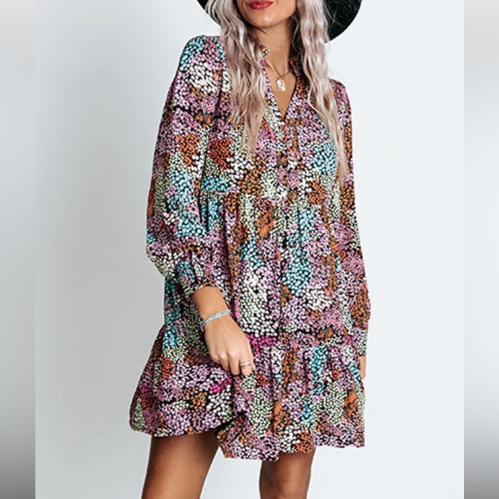 Karlie Dresses| Multicolor Floral Print High Waist V Neck Shirt Dress| Sz M
